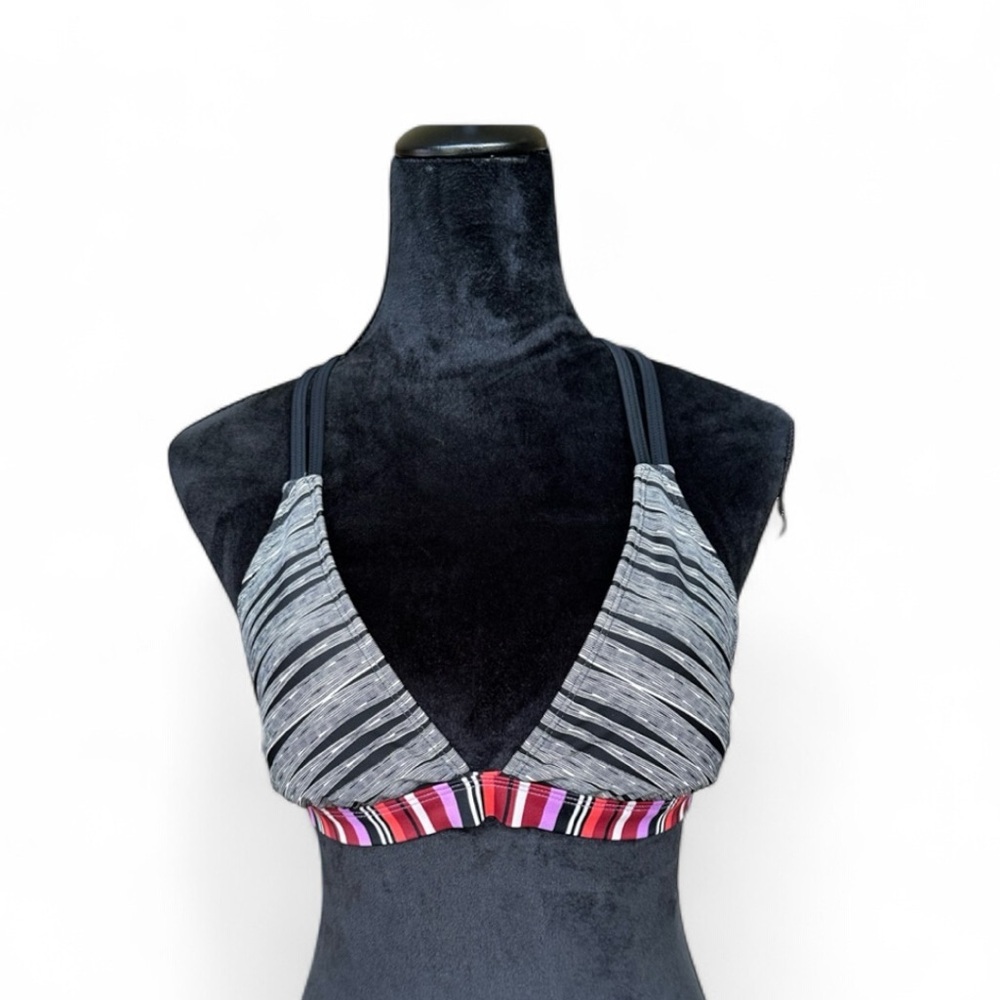 Athleta Bikini Swim Top Size M Black White Stripe w/ Multicolor Band Racerback